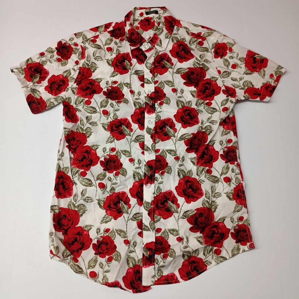 Coofandy Shirt Mens S Small Red Roses Floral Button Up Short Sleeve Cotton Blend
